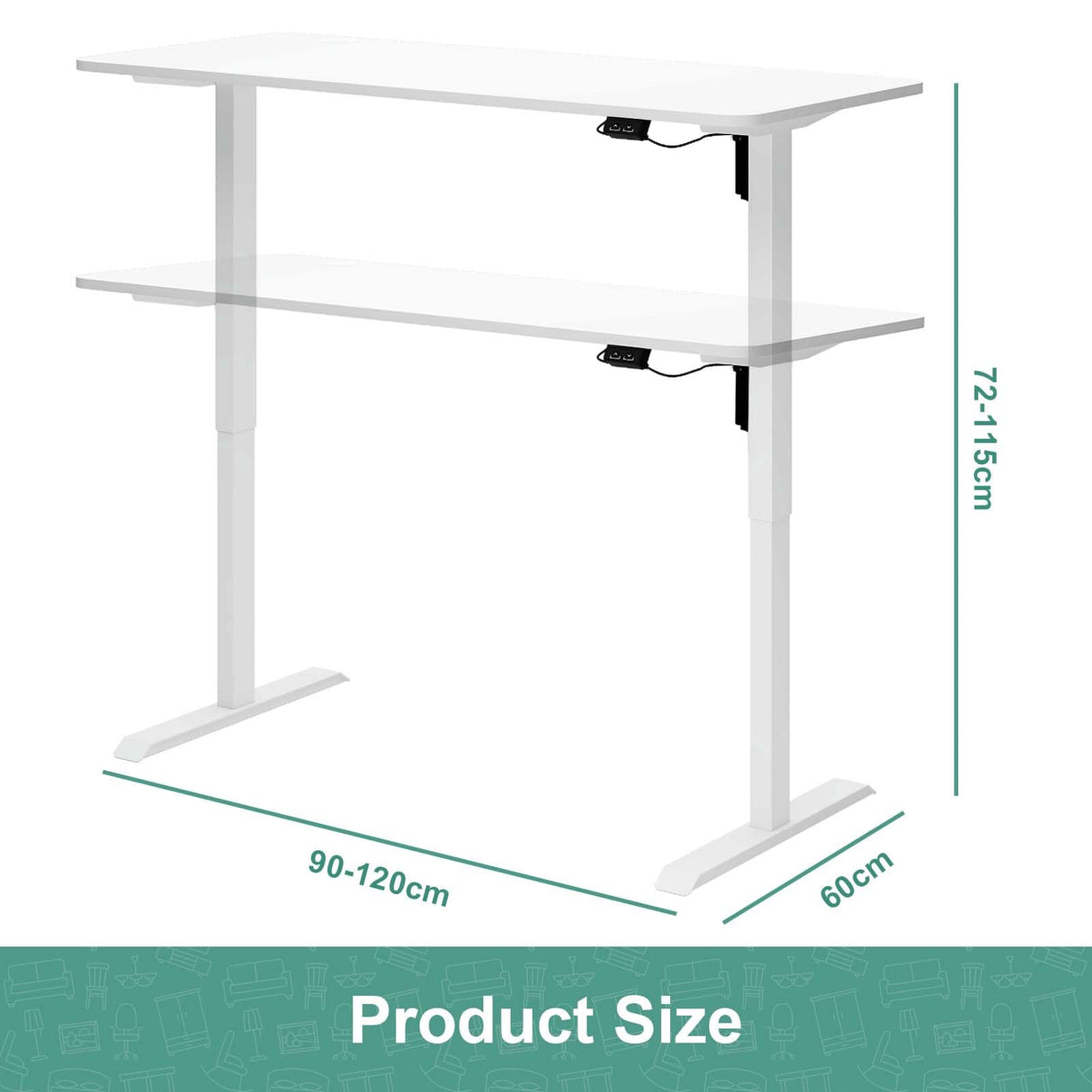 Standing Desk Electric Height Adjustable Sit Stand Desk 120 * 60cm Motorised Home Office Computer Workstation White Desktop and White Frame