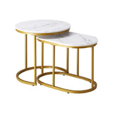 Set of 2 Coffee Table Round Marble Nesting Table Side End Table White and Gold