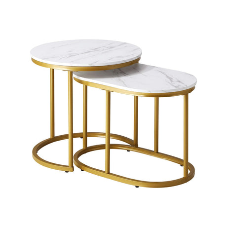 Set of 2 Coffee Table Round Marble Nesting Table Side End Table White and Gold