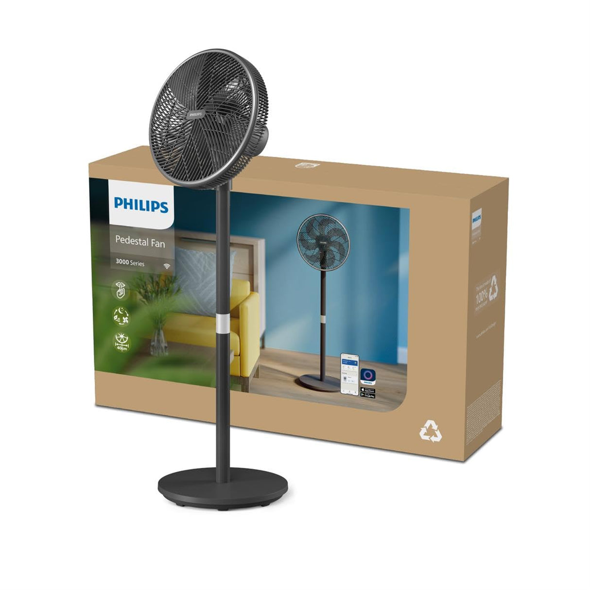 Philips Smart Pedestal Fan Series 3000, Powerful & Ultra-Quiet with SilentWings Technology, 19 dB, 2-in-1 Table & Standing Fan, Tiltable & Rotating, App Control, 12h timer, Black (CX3550/01)