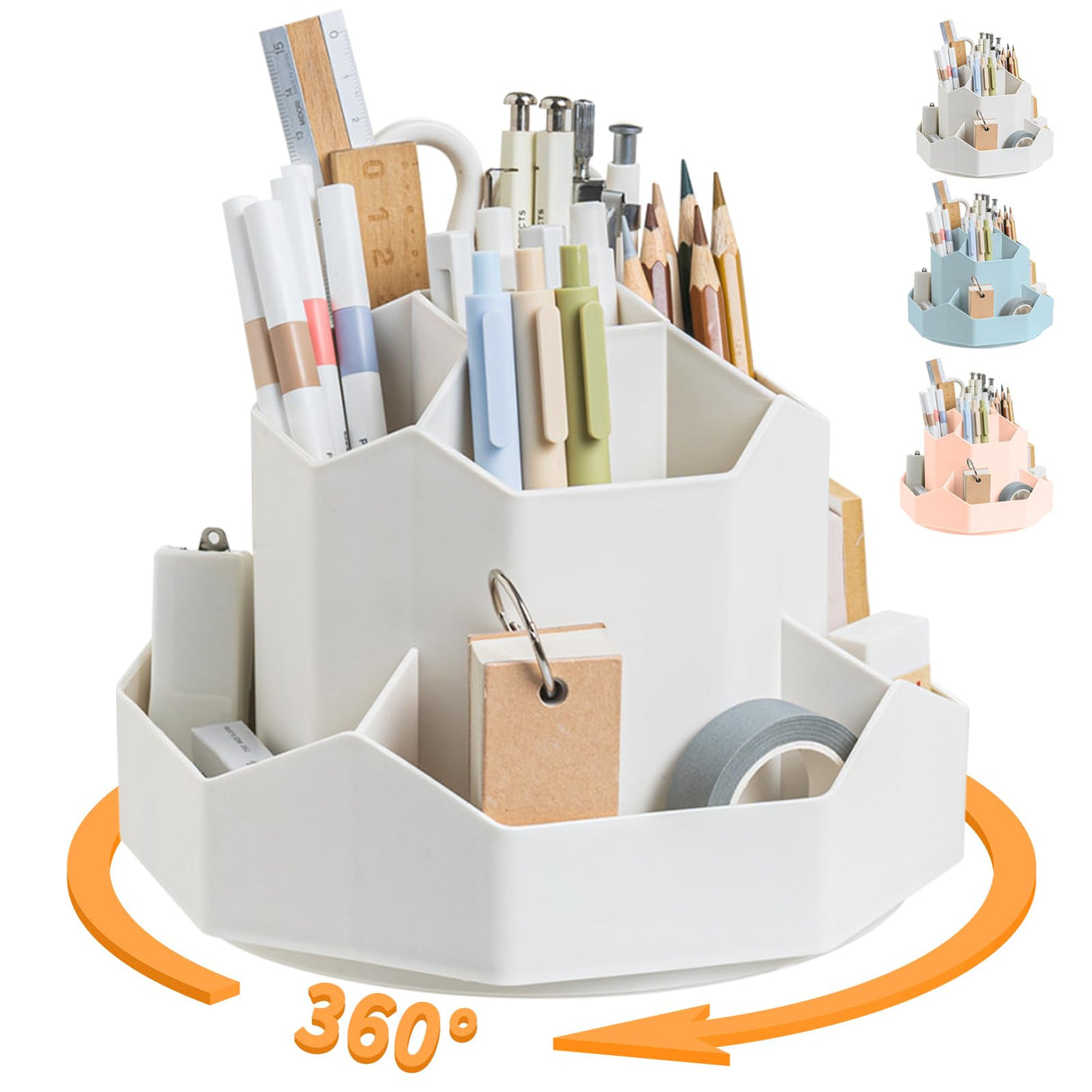 Pencil Pen Holder for Desk,9 Slots 360 Degree Rotating Desk Organizers,Desktop Storage Stationery Supplies Organizer, Cute Pencil Cup Pot For Office, School, Home(White)