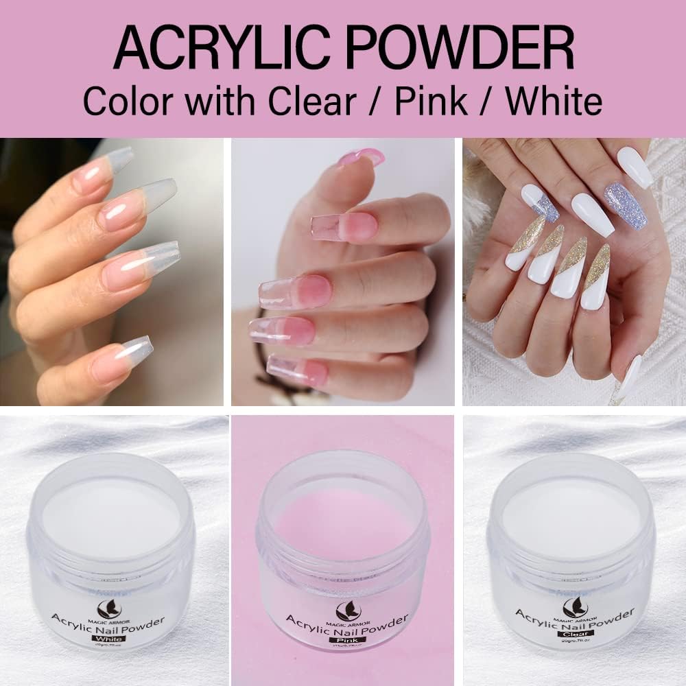 3 PCS Acrylic Powder Clear-Pink-White 20g MAGIC ARMOR Professional Acrylic Nail Powder System for Acrylic Nails Extension 3D Nail Art Polymer Powder Acrylic Powder for Acrylic Liquid Long Lasting