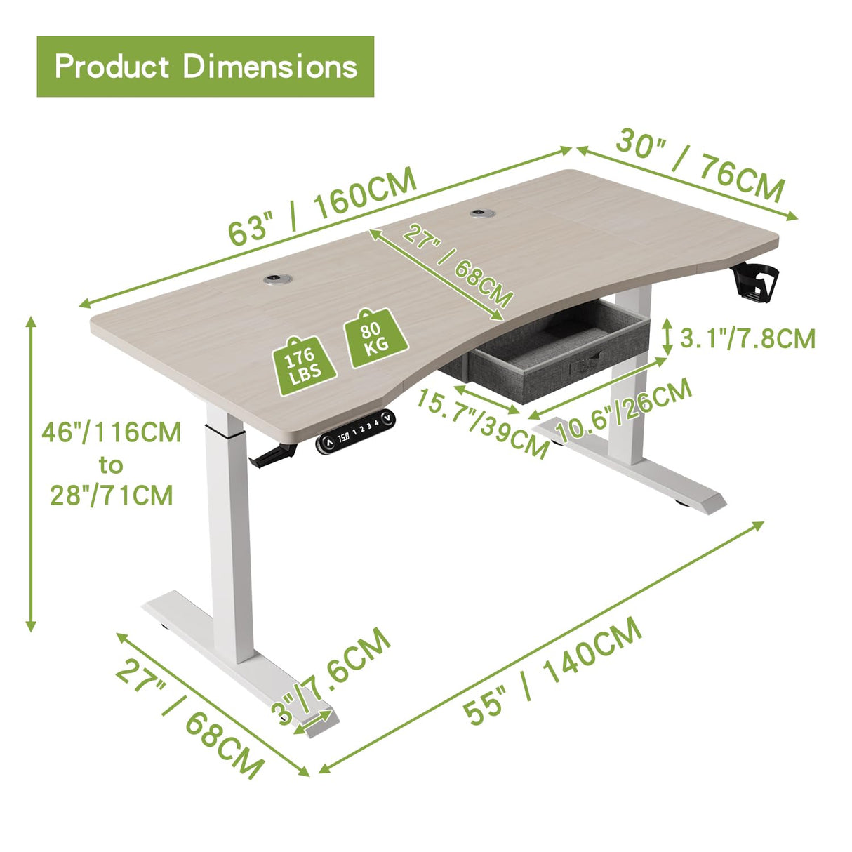 Dual Motors Height Adjustable Electric Standing Desk with Drawer, 63 x 30'' Stand Up Table, Computer Desk with Splice Board, Home Office Desk, Oak Top + White Frame