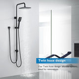 WELS Twin Hose Shower System 8" Rain Shower Head Set Sliding Rail 3-Mode Handheld Shower Head 2 in 1 Set (Square Head Black)