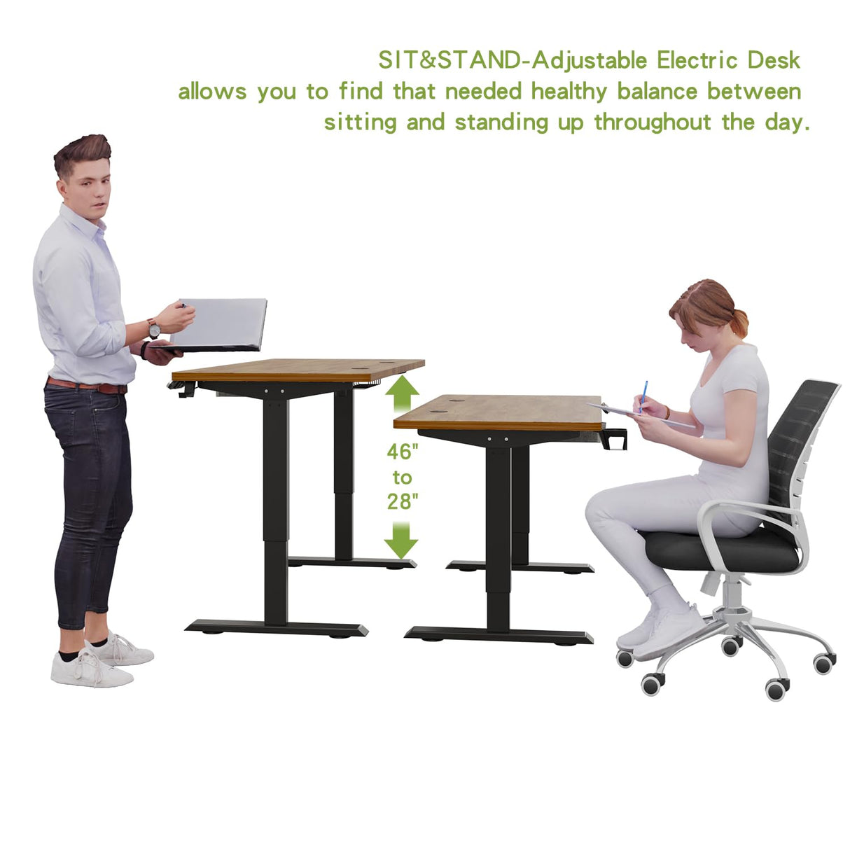 Height Adjustable Electric Standing Desk with Drawer, 55 x 30 Inch(140x76CM) Stand Up Workstation, Computer Desk with Splice Board, Home Office Ergonomic Desk, Brown Top + Black Frame