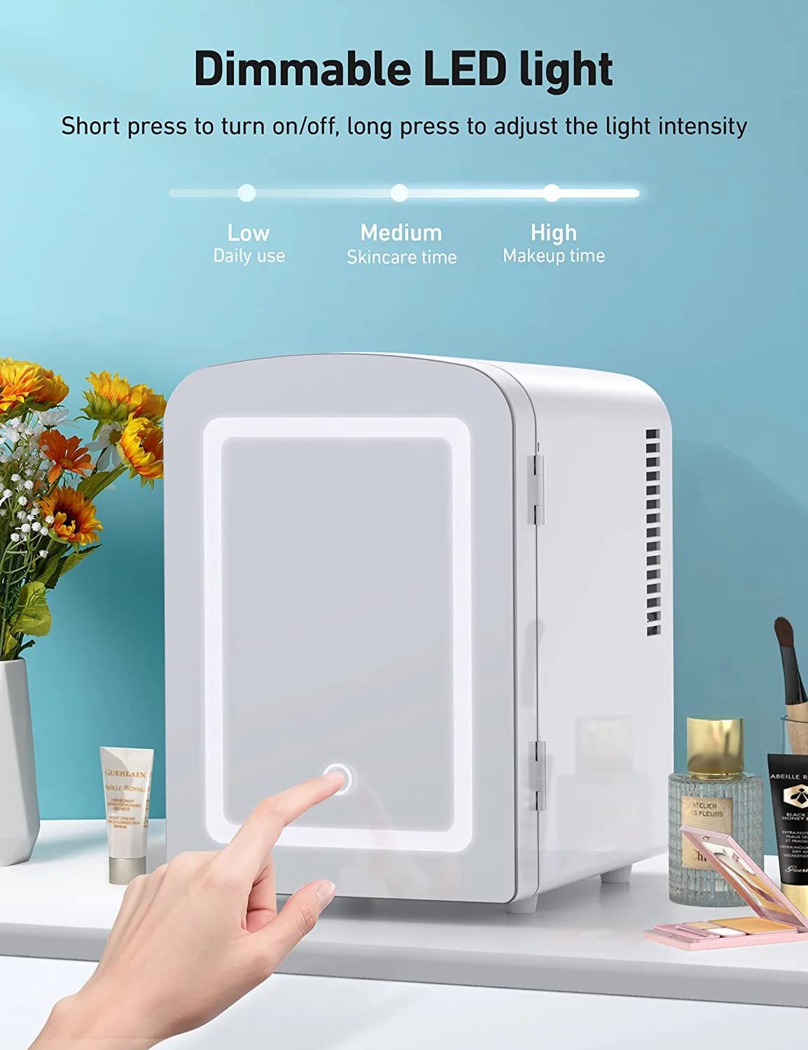 Portable Makeup Fridge for Skincare,Mini Fridge with Dimmable LED Mirror, Easy-Take Skincare Fridge, for Refrigerating Makeup, Skincare and Food, Mini Fridge for Bedroom, Office and Car, White