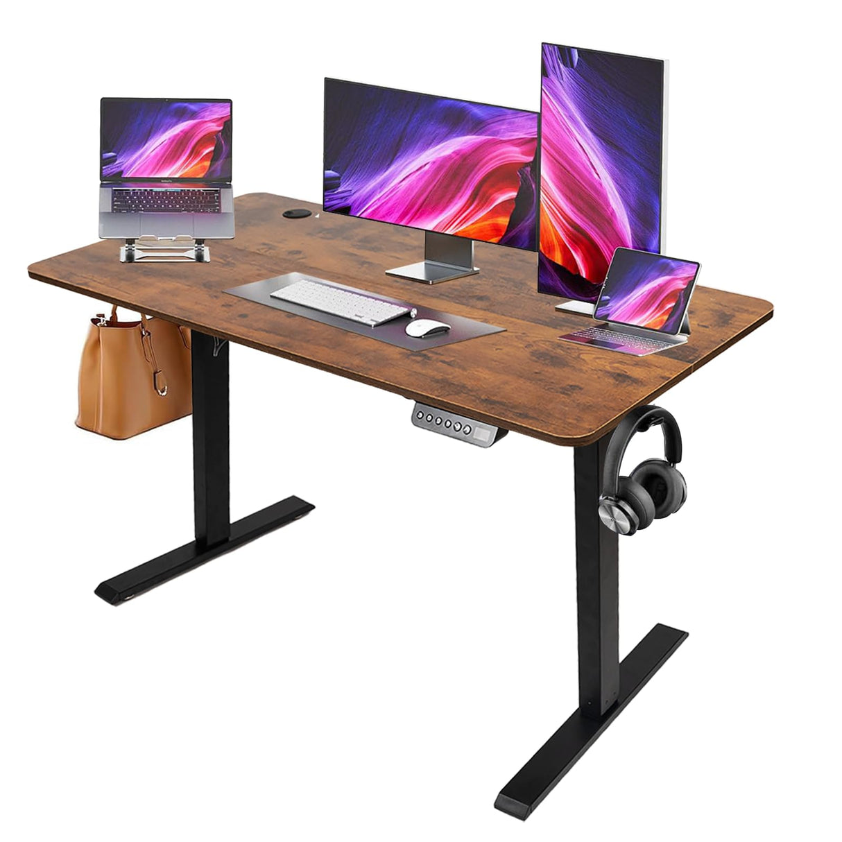 Electric Standing Desk - Motorized Height Adjustable Sit Stand Table with Touch Control Panel and Cable Management - Ideal for Home Office and Workstation Ergonomics(Black Frame+120cm Brown Top)