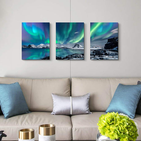 Wall Art Aurora Scenery Painting on Canvas Wall decorations for living room Stretched and Framed Canvas Paintings 3 piece bedroom bathroom wall decor Ready to Hang for office Home Decor art