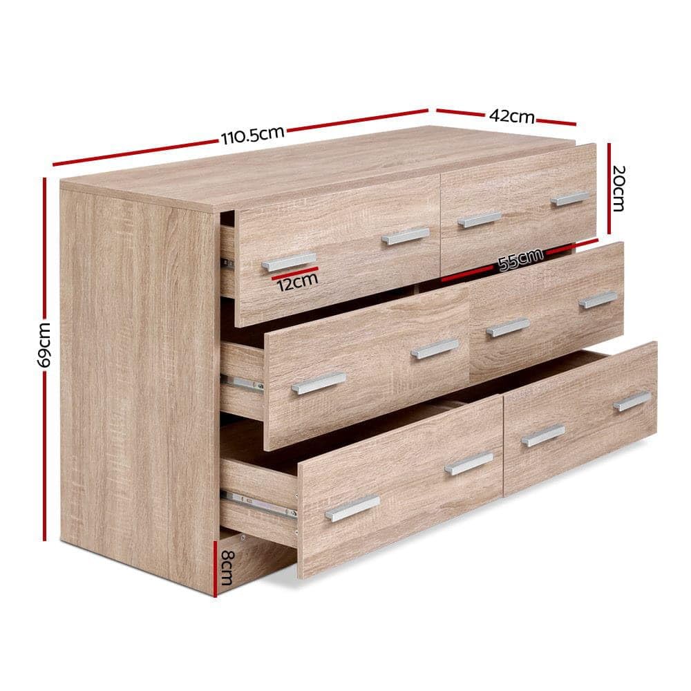 Chest of Drawers 6 Drawer Oak Tallboy, Dresser Clothes Storage Cabinet Organizer Lowboy Bedside Table Bedroom Furniture Home Living Room Hallway Entryway