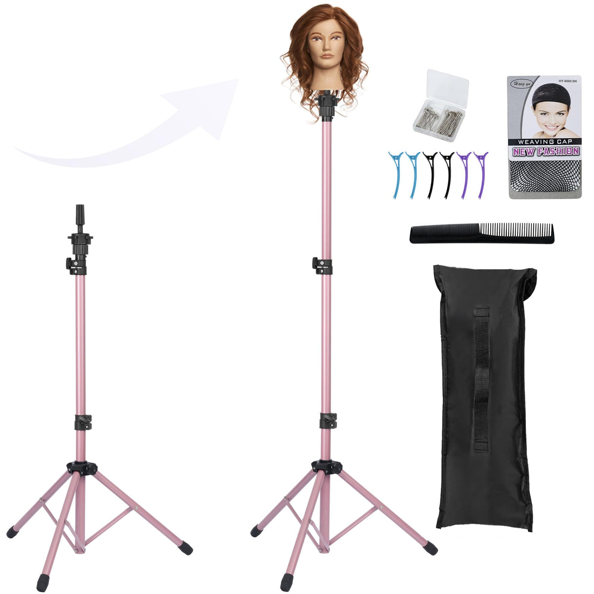 Adjustable Wig Stand Tripod, Mannequin Stand for Wig Tripod Stand, Mannequin Head Stand for Cosmetology Hairdressing Training, Pink (Mannequin Head Not Included)