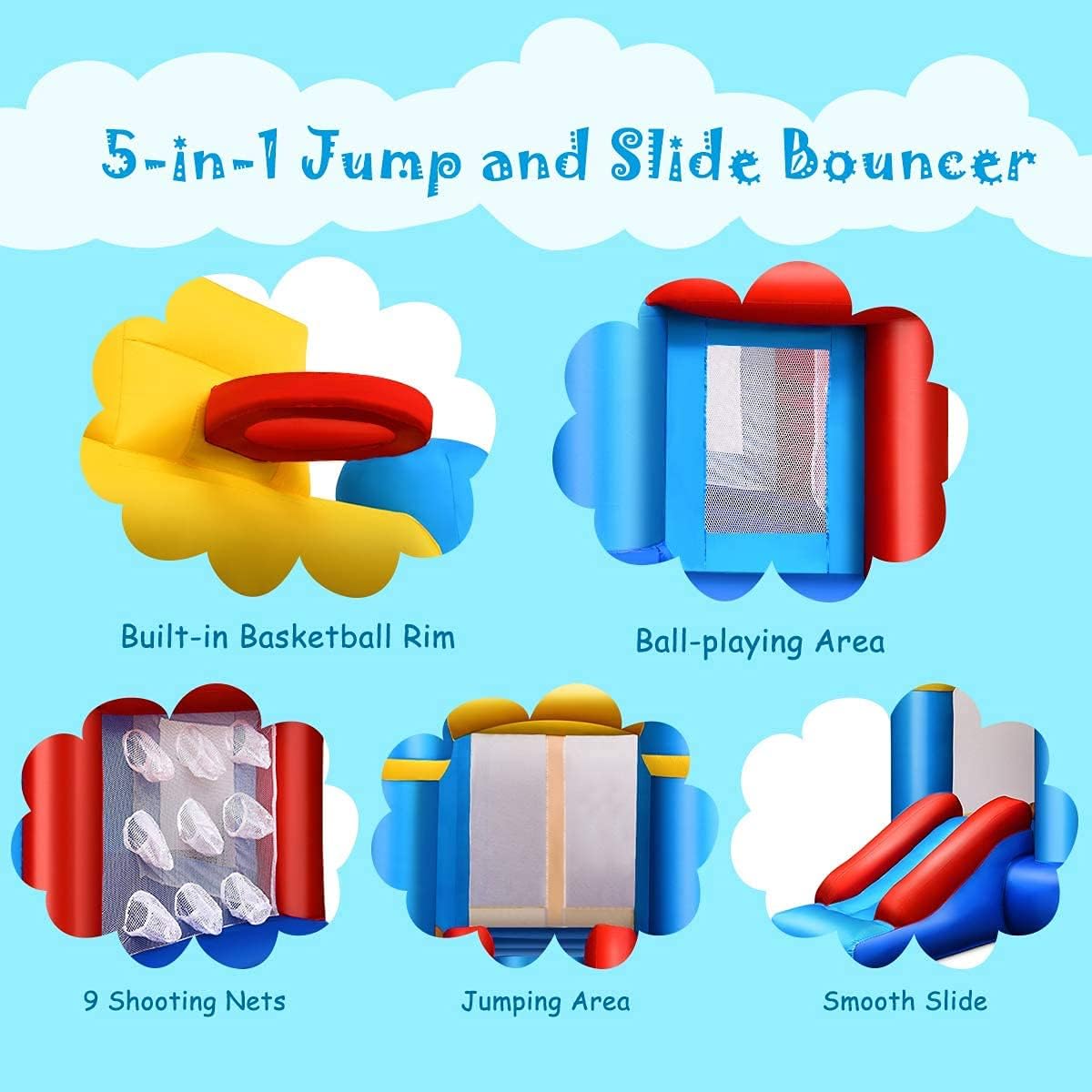 5-in-1 Inflatable Bounce House, Kids Jumper Bouncer w/Slide, Ball Shooting Area, 50 Ocean Balls, Stakes, Outdoor Indoor Jumping Bouncy Castle for Backyard Playground (Without Blower)