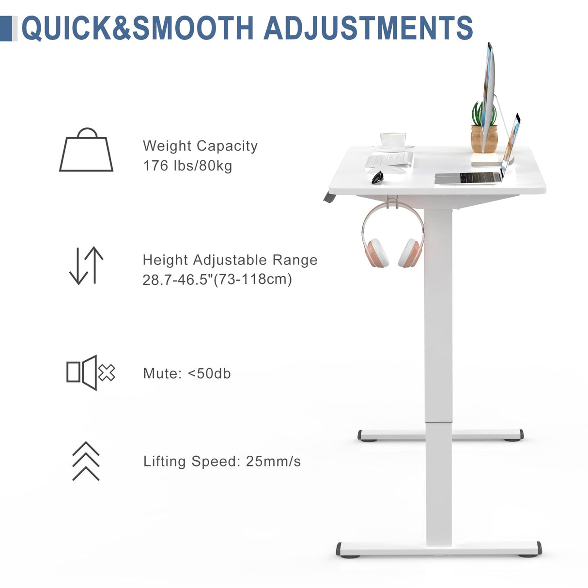 Electric Height Adjustable Standing Desk 110x60cm (43.3"x23.6"), Sit Stand Desk with Splicing Top for Home Office (White Frame + White Desktop)