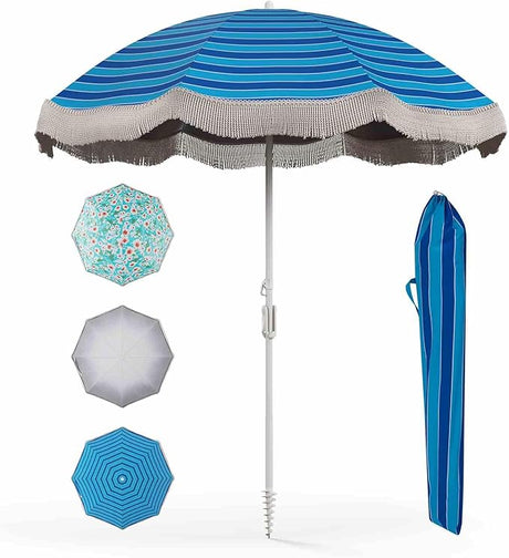 Costway 2M Beach Umbrella with Fringe, Outdoor Tassel Umbrella with Push Button Tilt, Sand Anchor, 8 Sturdy Ribs, Carry Bag, Vintage Heavy Duty Umbrella for Garden, Pool, Deck, Yard