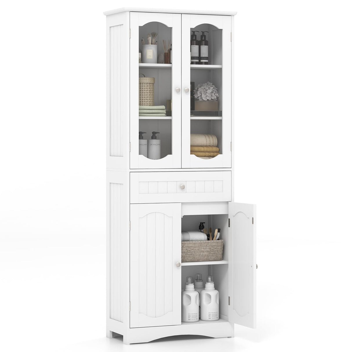 160 cm Tall Bathroom Storage Cabinet, Freestanding Linen Cabinet with 2 Glass Doors, 2 Adjustable Shelves and 1 Drawer, Kitchen Pantry Cabinet or Living Room, Dining Room, Office, White