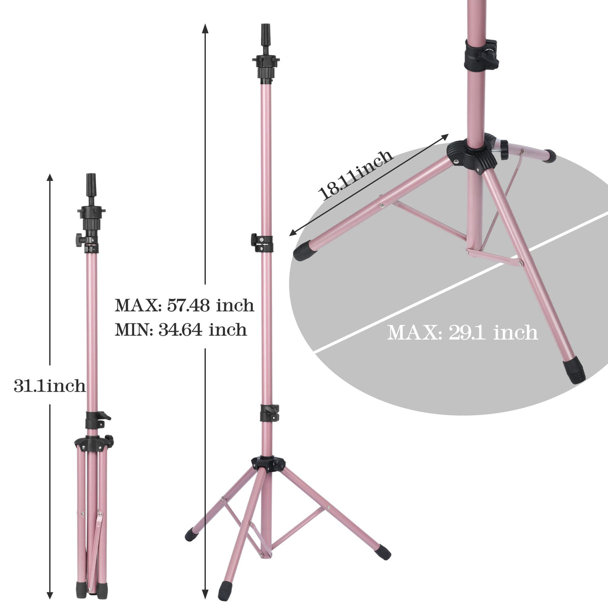 Adjustable Wig Stand Tripod, Mannequin Stand for Wig Tripod Stand, Mannequin Head Stand for Cosmetology Hairdressing Training, Pink (Mannequin Head Not Included)