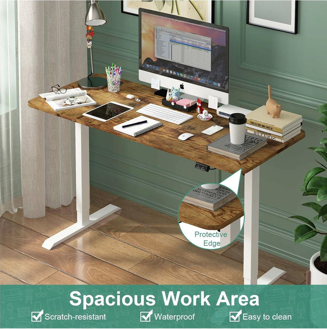 Electric Standing Desk Height Adjustable Motorised Sit Stand Desk 120cm Splice Board Home Office Workstation Walnut Table Top+ White Frame