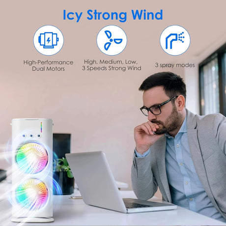 Mobile Air Conditioner with Remote Control, USB Portable Air Cooler, Mini Air Conditioner, Portable Air Cooler Fan, 3 Wind Speeds, Spray Function, 7 Colours Light