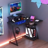 L-Shaped Gaming Desk with Outlets & USB Ports, Small Computer Desk with Monitor Shelf, Headphone Hook, Storage Shelf & Host Stand, Corner Gamer Desk with Carbon Fiber Texture