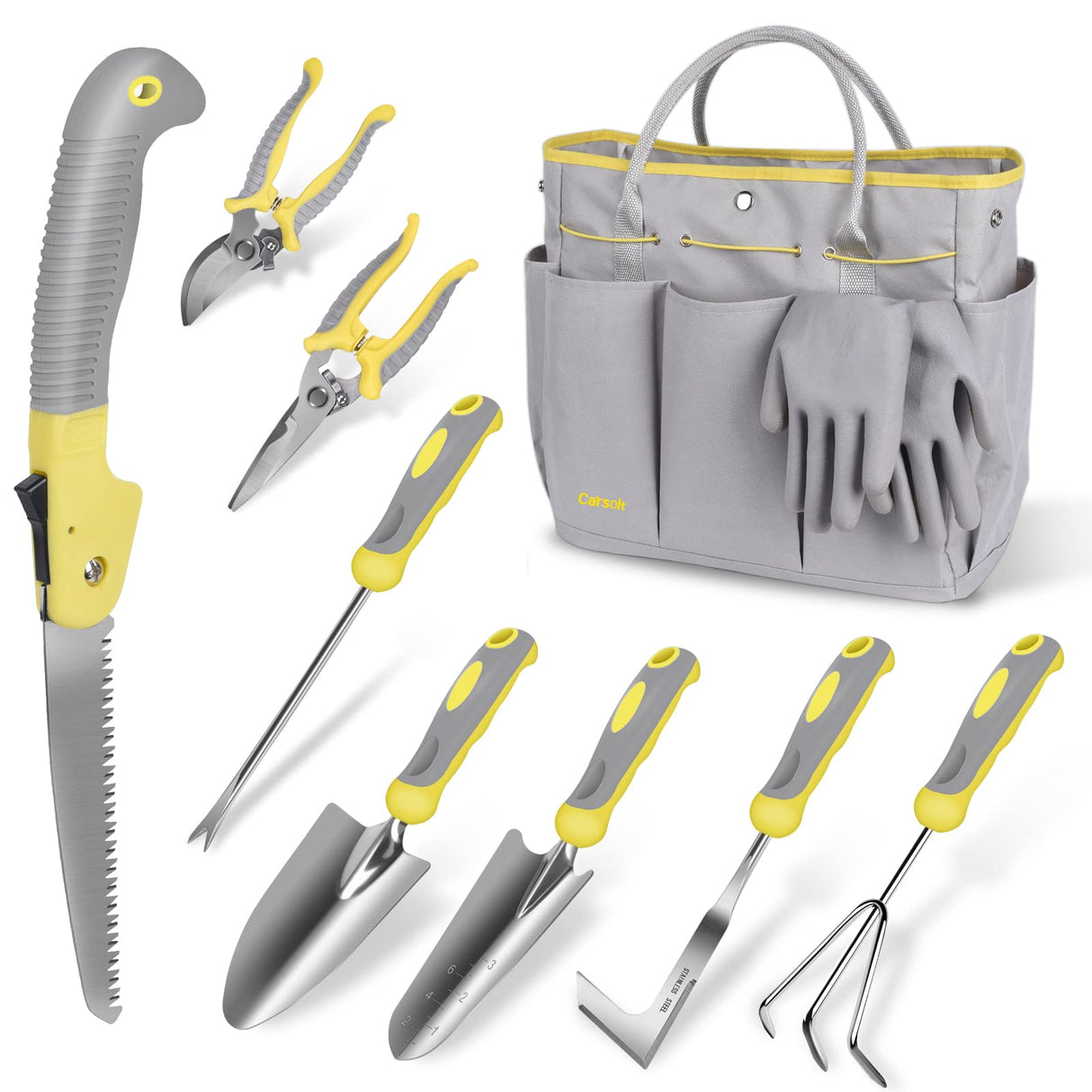 Garden Tool Set, Carsolt 10 Piece Stainless Steel Heavy Duty Gardening Tool Set for Digging Planting Pruning Gardening Kit with Durable Bag Gloves Gift Box Ideal Garden Gifts for Women Men