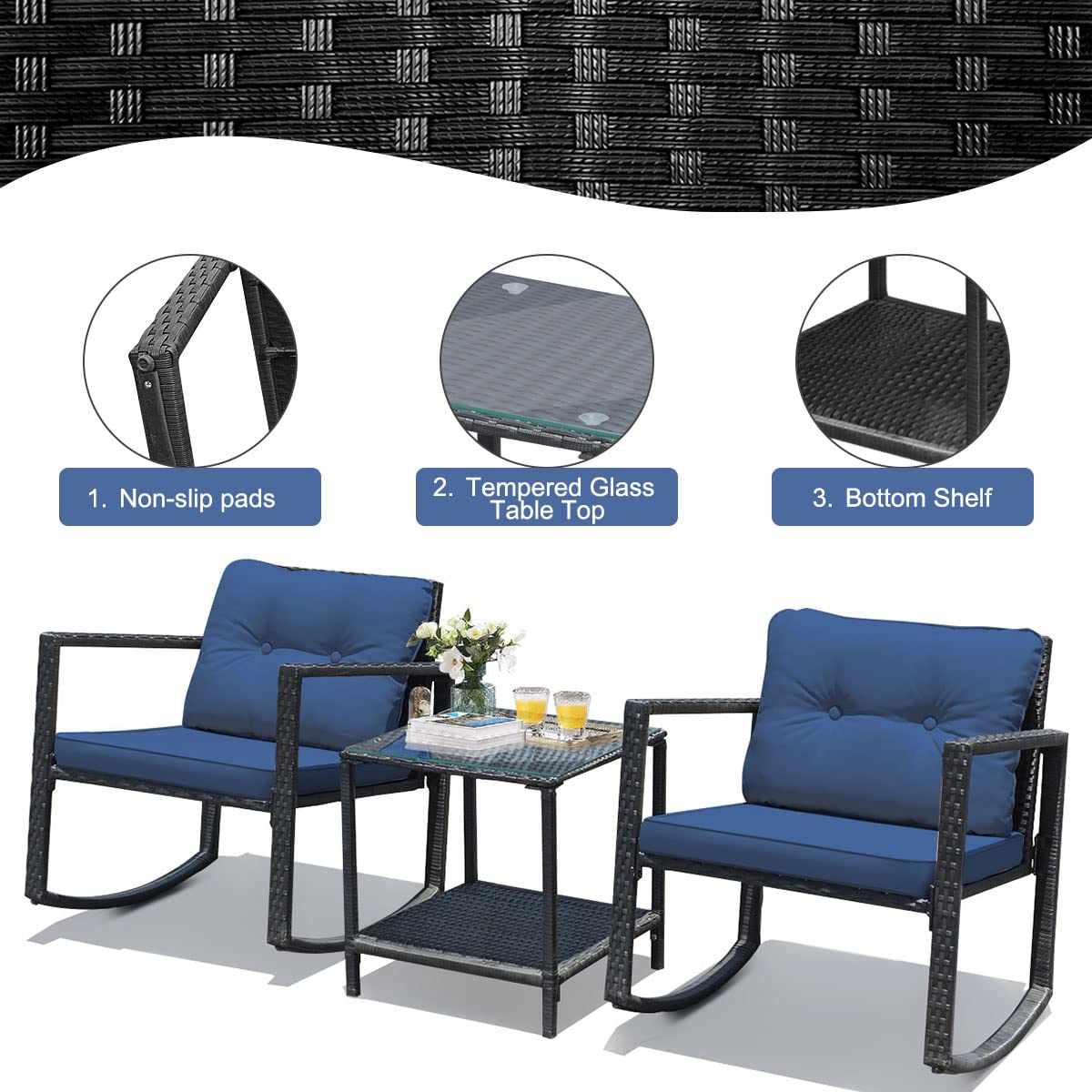 3 Pieces Patio Rocking Chair Outdoor Rattan Wicker Rocking Bistro Set w/Cushioned Seat, Conversation Set w/Glass Coffee Table and Storage Shelf for Balcony Porch Poolside (Navy)