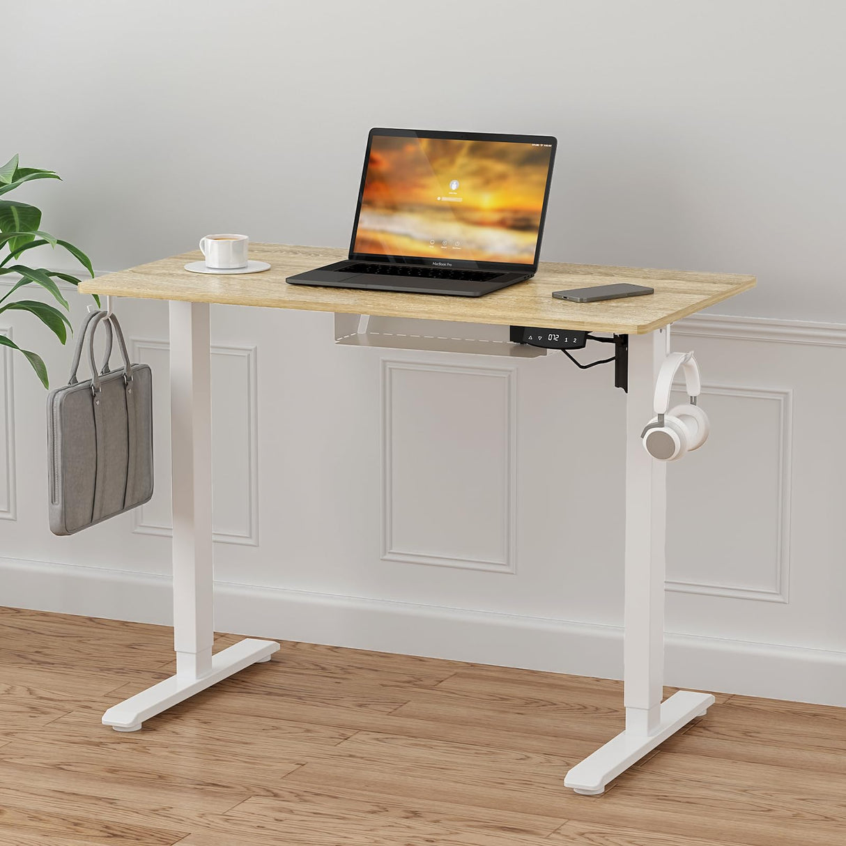 Electric Standing Desk, Height Adjustable Ergonomic Sit Stand Desks with Hanging Hooks and Cable Management, 100 x 55 cm Whole Piece Desktop, for Small Space, White Frame+Oak Desktop