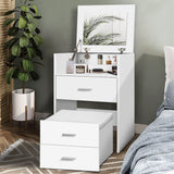 Vanity Desk Dressing Table with Hidden Stool, Small Makeup Desk with Foldable Mirror and Multi Drawers, Corner Bedside Dressing Desk Chair Set for Bedroom Dressing Room, White