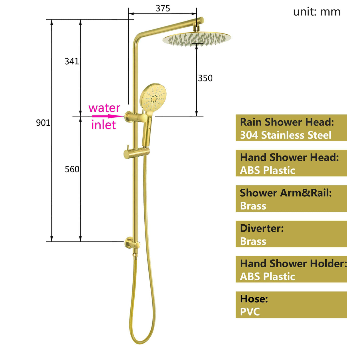 WELS Twin Shower Head Set Sliding Rail 3 Mode Handheld Arm Round Brushed Gold