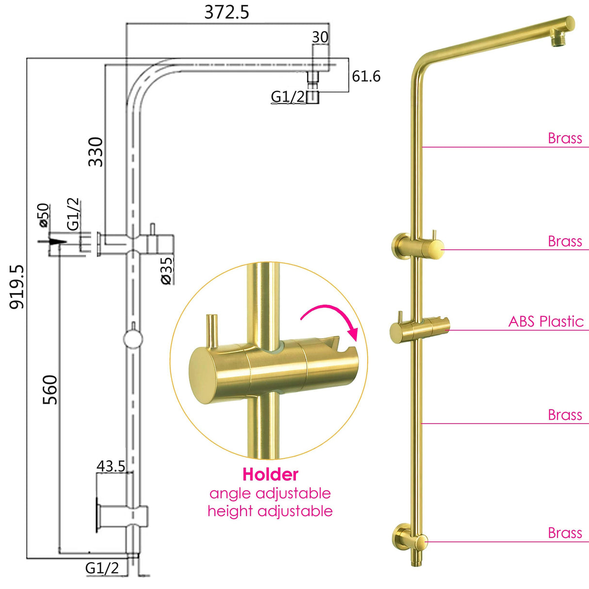 WELS Twin Shower Head Set Sliding Rail 3 Mode Handheld Arm Round Brushed Gold