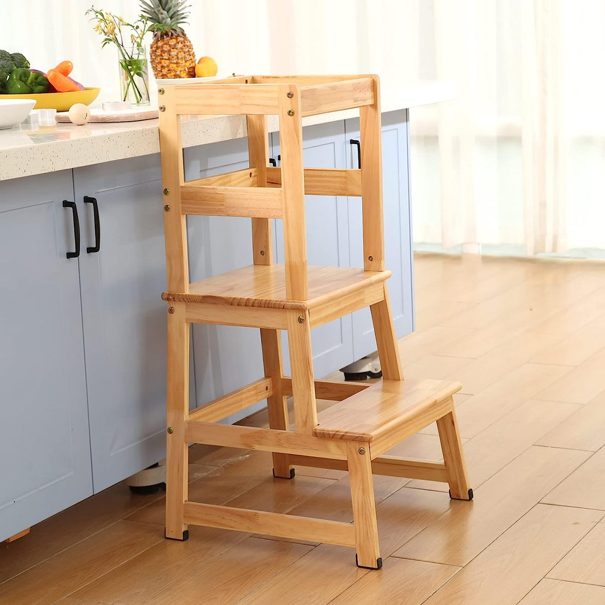 Kids Kitchen Step Stool for Kids with Safety Rail,Solid Wood Construction Toddler Learning Stool, Montessori Toddlers Kitchen Stool Tower (White)