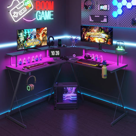 L Shaped Gaming Desk with LED Lights & Power Outlets Computer Desk with Monitor Stand Corner Desk