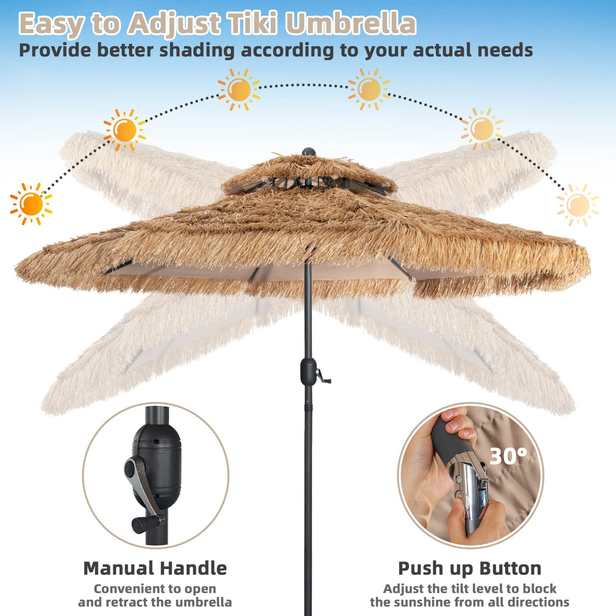 Thatched Tiki Umbrella, Hawaiian Style Patio Beach Umbrella W/8 Ribs, Tilt Adjustment Manual Crank System, Outdoor Umbrella for Poolside, Beach, Courtyard, Metal Frame