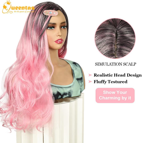 24 Inch Long Pink Wigs for Women Wavy Curly Wig Center Parted No Bangs Synthetic Hair Wig