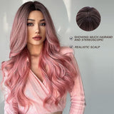 24 Inch Long Pink Wigs for Women Wavy Curly Wig Center Parted No Bangs Synthetic Hair Wig