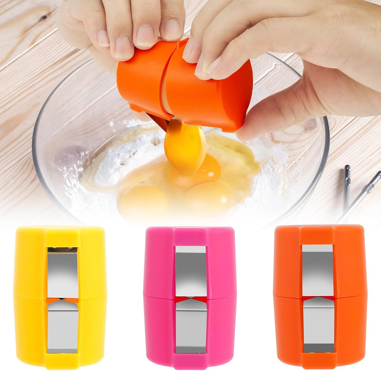 3 Egg openers for Boiled Eggs, a Blender and Separator for Cooking, Baking, Camping Kitchen Utensils (Yellow+Orange+Pink)