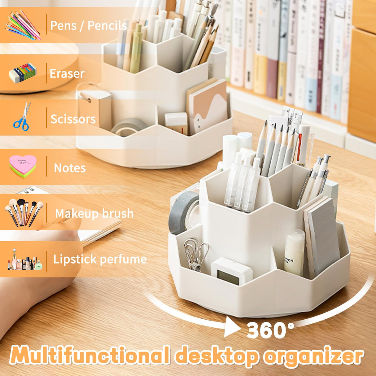 Pencil Pen Holder for Desk,9 Slots 360 Degree Rotating Desk Organizers,Desktop Storage Stationery Supplies Organizer, Cute Pencil Cup Pot For Office, School, Home(White)