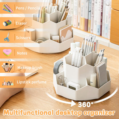 Pencil Pen Holder for Desk,9 Slots 360 Degree Rotating Desk Organizers,Desktop Storage Stationery Supplies Organizer, Cute Pencil Cup Pot For Office, School, Home(White)