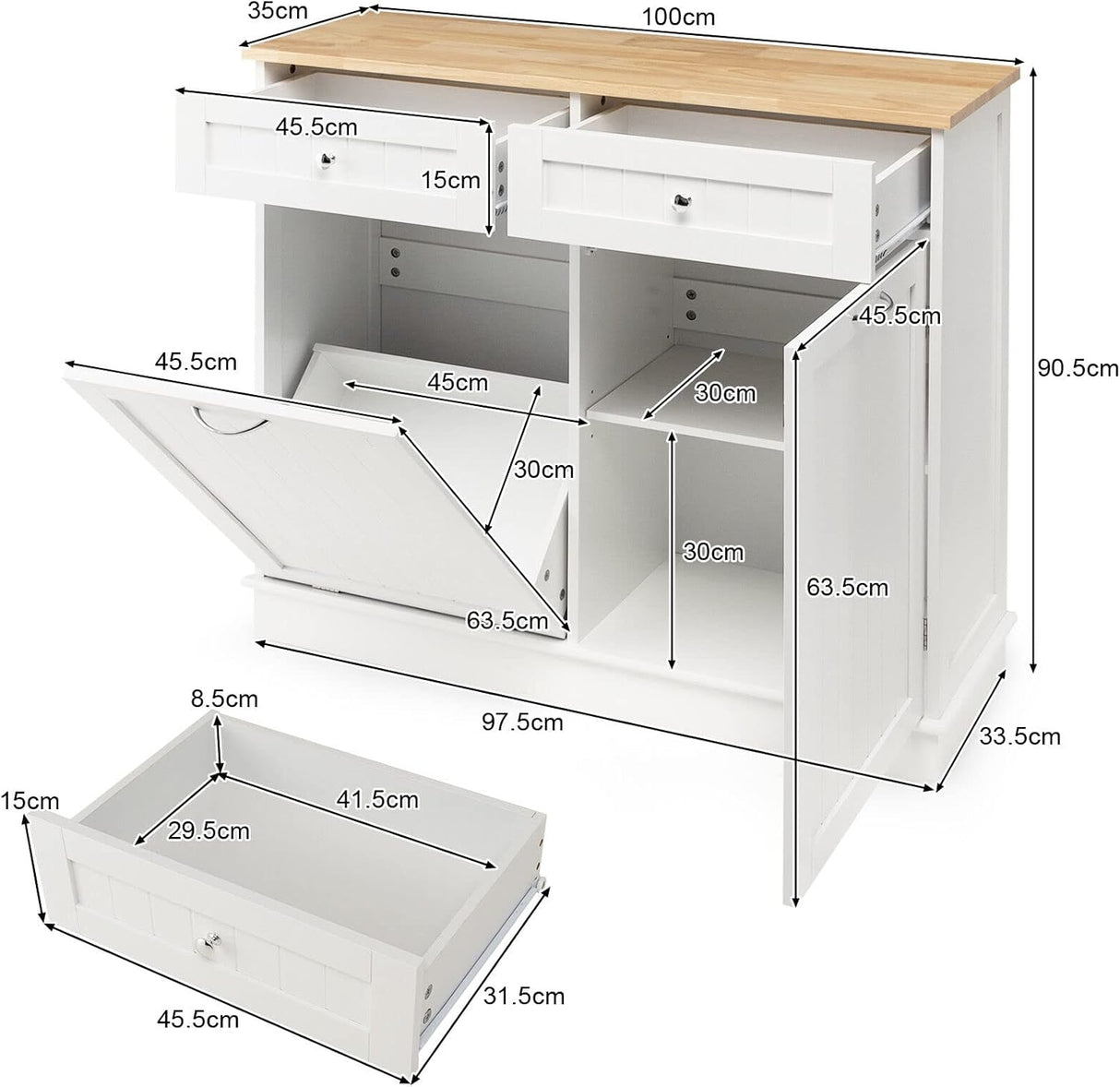 Buffet Sideboard Kitchen Storage Cabinet Tilt Out Bin Holder White