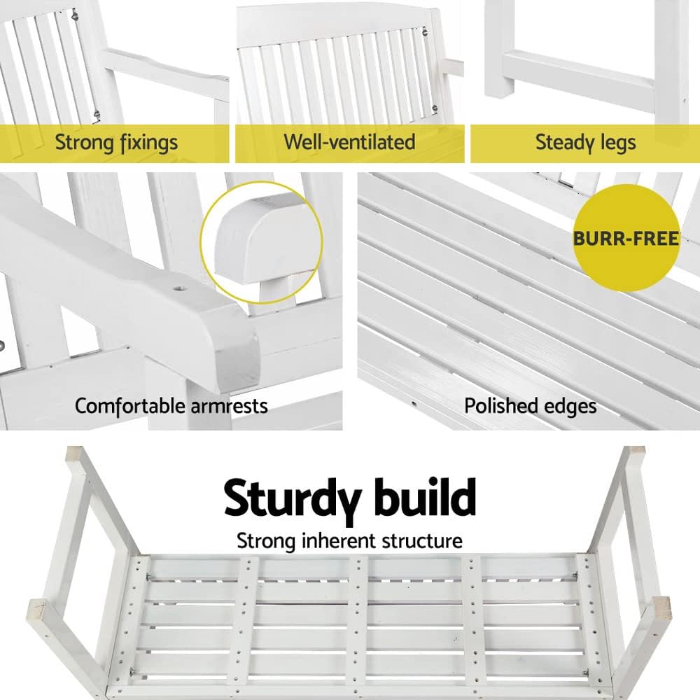 Outdoor Garden Bench Seat, 120cm Length Wooden Benches Relax Lounge Chair Dining Chairs Lounger Park Patio Porch Backyard Terrace Balcony Kids Furniture, with Lattice Pattern White