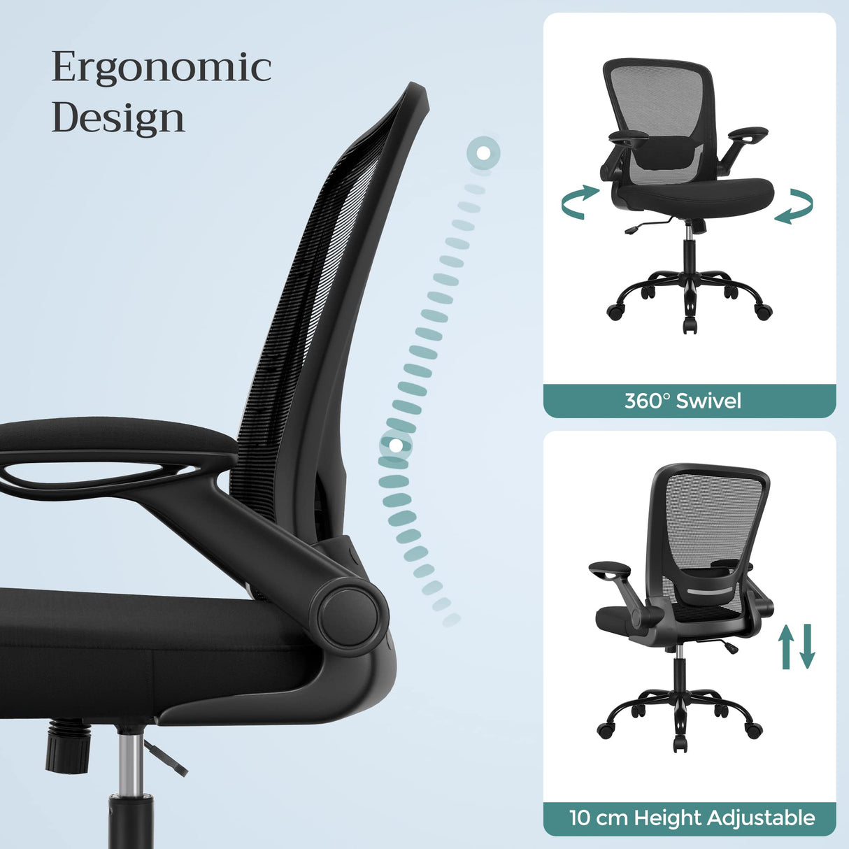 Office Chair, Swivel Chair with Mesh Covering, Ergonomic, Padded Lumbar Support, Rocker Function, 53 cm Seat, Folding Armrests