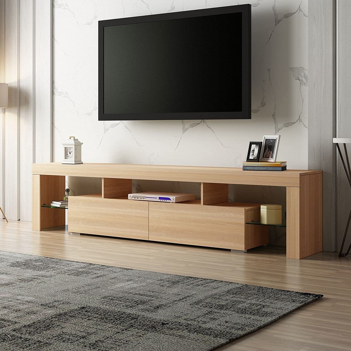 TV Cabinet Entertainment Unit with 2 Drawers & Open Storage Shelf Wooden TV Stand Living Room Furniture Oak 200cm