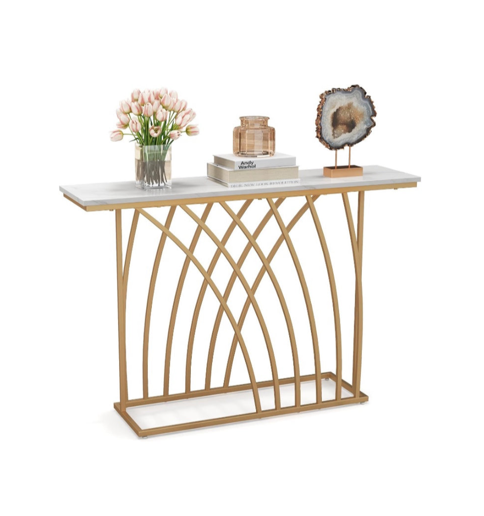 Gold Console Table, Modern Entryway Table with White Faux Marble Tabletop, Geometric Base, Narrow Long Behind Sofa Table for Living Room, Hallway 120cm