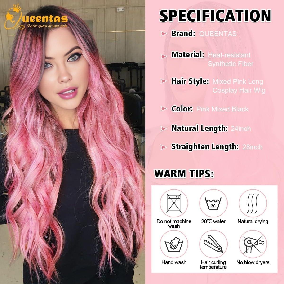 24 Inch Long Pink Wigs for Women Wavy Curly Wig Center Parted No Bangs Synthetic Hair Wig