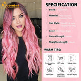 24 Inch Long Pink Wigs for Women Wavy Curly Wig Center Parted No Bangs Synthetic Hair Wig