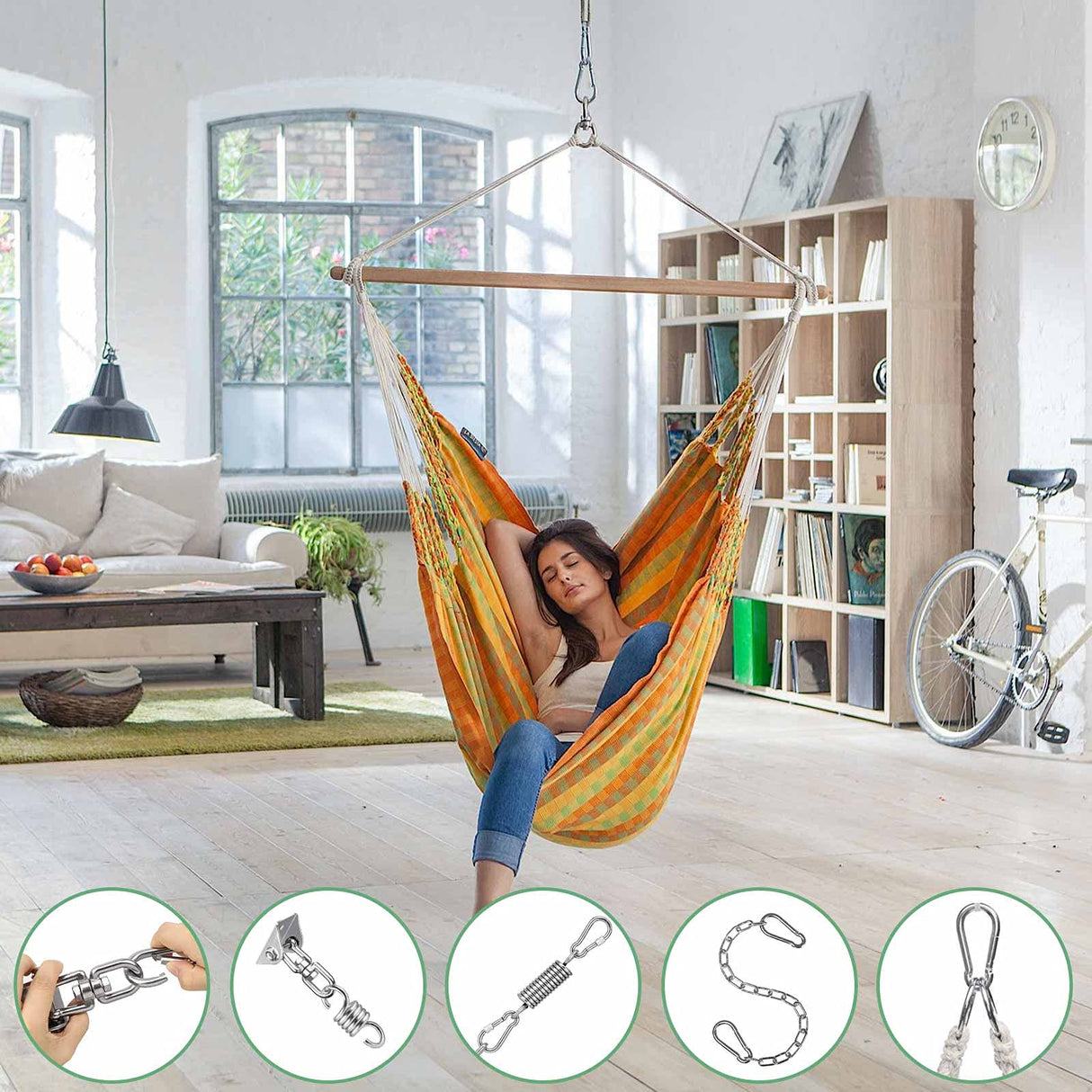 Hammock Chair Hanging Hardware Kit with Chain and Spring, Heavy Duty Porch Swing Hanger, 360 Swivel Ceiling Hooks for Punching Bag,Gym (Screw)