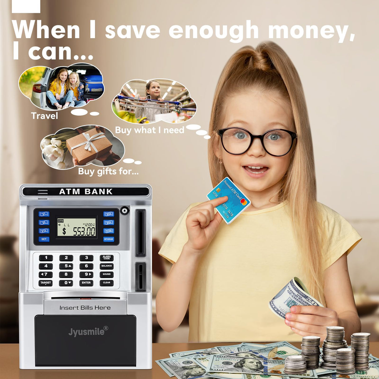 ATM Piggy Bank for Kids, ATM Machine for Real Money with Debit Card, Bill Feeder, Coin Recognition, Balance Calculator, Electronic Savings Safe Box, Gifts for Teen Boys Girls