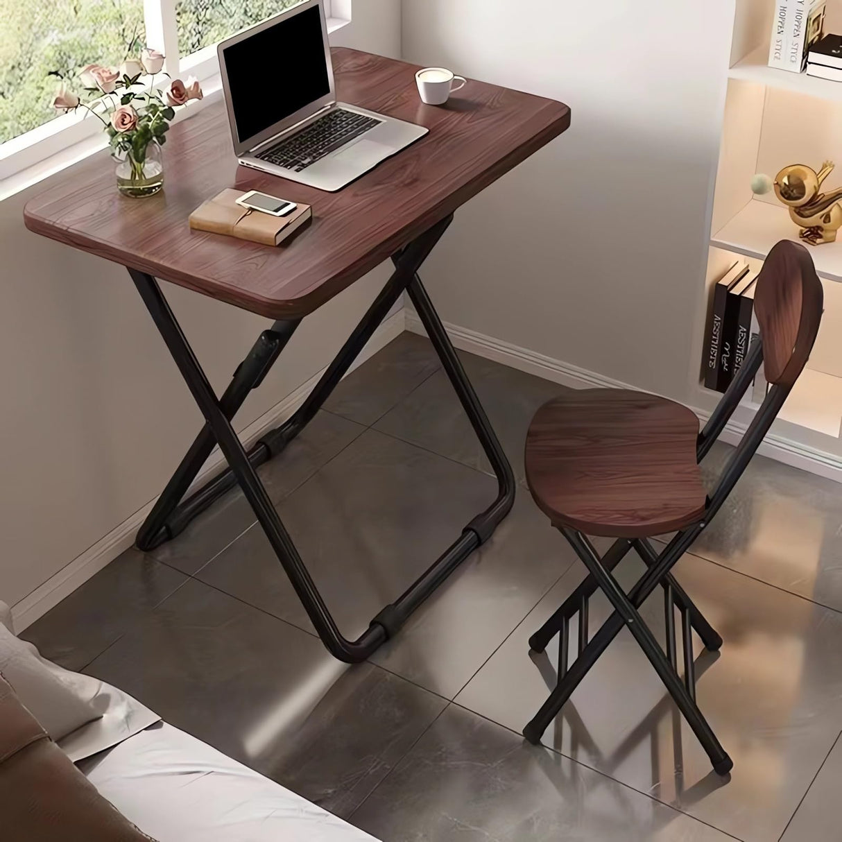 Set of 2, Desk and Chair Set, Folding Portable Desk Chair, Home Office Computer Desk Wood Desk T36 (B Coffee, 60X40X70CM)