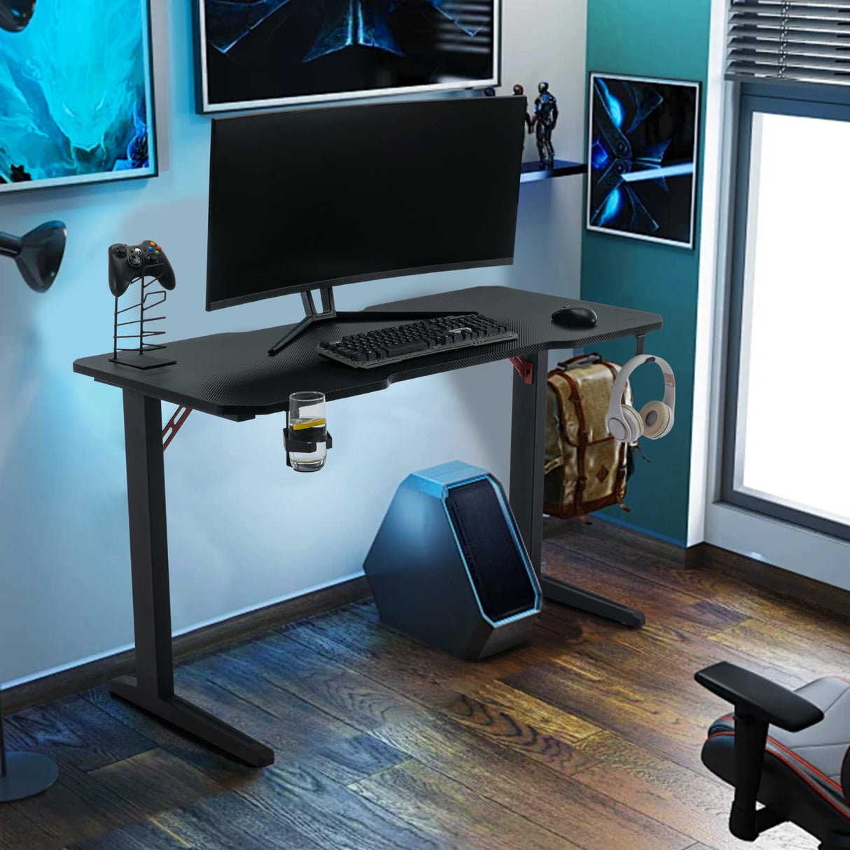 120 CM Gaming Desk Carbon Fiber Surface Gaming Desk Large Computer Desk Ergonomic Home Office Desk L Computer Gamer Workstation with Cup Holder and Headphone Hooks