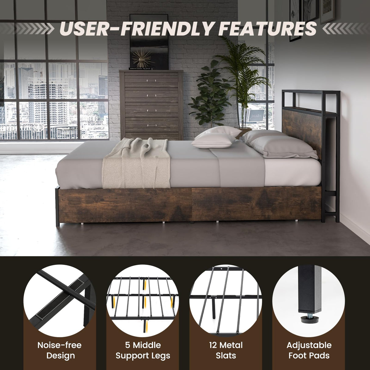 Queen Bed Frame with App Control RGB LED Lights, Metal Platform Bed with Storage Headboard, Charging Station & 4 Roll-Out Drawers, Noise-Free Mattress Foundation, No Box Spring Needed