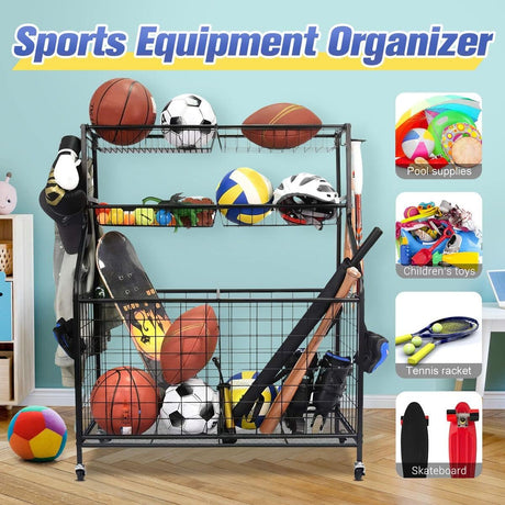 All-in-one Ball Storage Rack Metal Garage Sports Equipment Storage Organizer Basketball Holder Cart 91x42x116.5cm w/Wheels Hooks,Indoor Outdoor