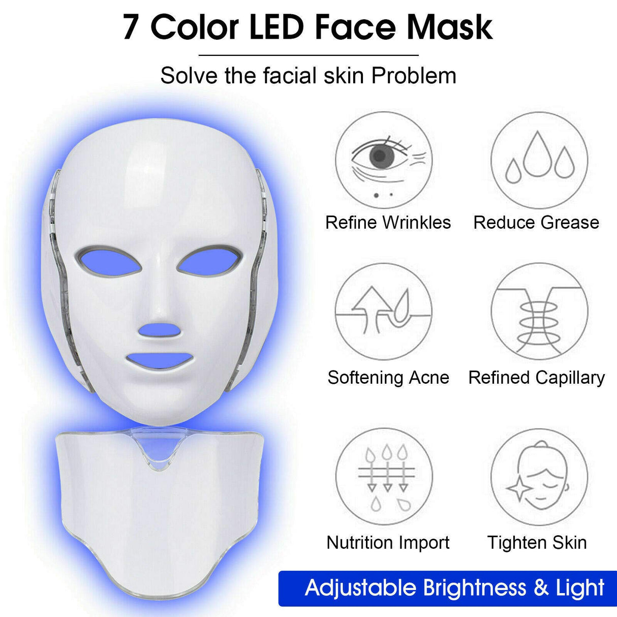 Led Face Mask with Neck - 7 Color Photon Blue Red Light maintenance Skin Rejuvenation Facial Skin Care Mask maintenance For Healthy Skin Rejuvenation | Home Light maintenance Facial Care Mask